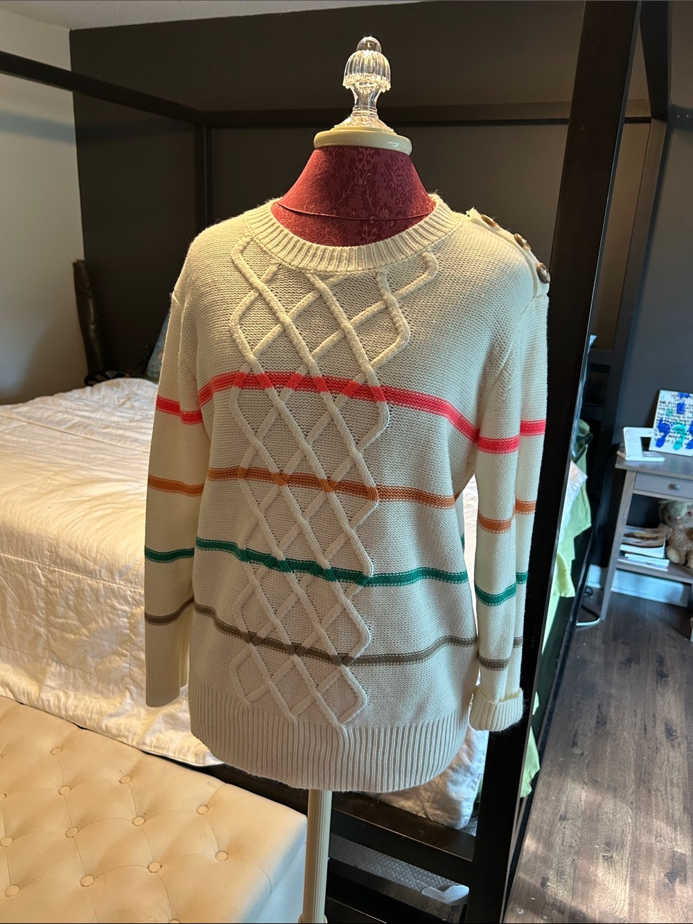 Cream Cable-Knit Crewneck Sweater with Multicolor Stripes
